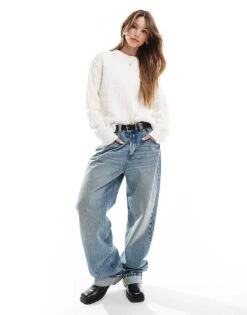 Bershka High Neck Oversized Cable Knit Jumper In Ecru For Women -Chic Maze Sales 207590838 2