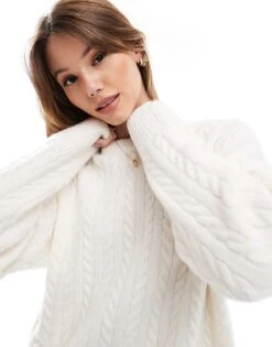 Bershka High Neck Oversized Cable Knit Jumper In Ecru For Women -Chic Maze Sales 207590838 4