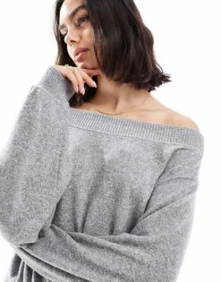 Bershka Off The Shoulder Knit Top In Grey Marl For Women -Chic Maze Sales 207590847 4