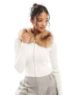 Bershka Faux Fur Collar Zip Up Knitted Top In Ecru For Women -Chic Maze Sales 207590848 1 ecru 1