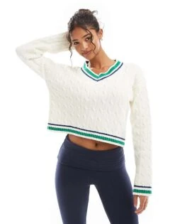 Bershka Contrast Trim Cricket Jumper In White For Women -Chic Maze Sales 207590854 1 white 1