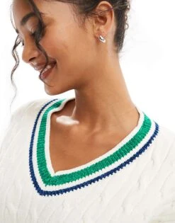 Bershka Contrast Trim Cricket Jumper In White For Women -Chic Maze Sales 207590854 3