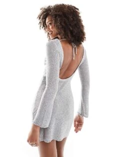 Bershka Tie Back Glitter Mini Dress In Silver For Women -Chic Maze Sales 207590860 2