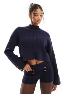 Bershka Gold Button Detail High Neck Jumper And Shorts Co-ord In Navy -Chic Maze Sales 207590872 1 navy