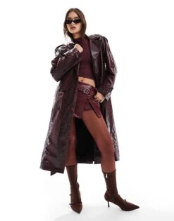 Bershka Bersha Snakeskin Faux Leather Trench In Burgundy For Women Red