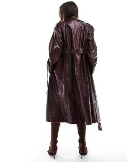 Bershka Bersha Snakeskin Faux Leather Trench In Burgundy For Women Red -Chic Maze Sales 207590898 3