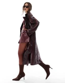 Bershka Bersha Snakeskin Faux Leather Trench In Burgundy For Women Red -Chic Maze Sales 207590898 4