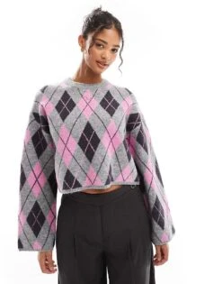 Bershka Argyle Round Neck Jumper In Grey & Pink For Women -Chic Maze Sales 207590922 1 grey 1