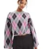 Bershka Argyle Round Neck Jumper In Grey & Pink For Women -Chic Maze Sales 207590922 1 grey
