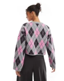 Bershka Argyle Round Neck Jumper In Grey & Pink For Women -Chic Maze Sales 207590922 2