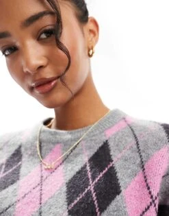 Bershka Argyle Round Neck Jumper In Grey & Pink For Women -Chic Maze Sales 207590922 3