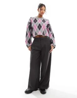 Bershka Argyle Round Neck Jumper In Grey & Pink For Women -Chic Maze Sales 207590922 4