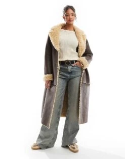 Bershka Shearling Oversized Maxi Jacket In Brown For Women -Chic Maze Sales 207590934 1 brown 1