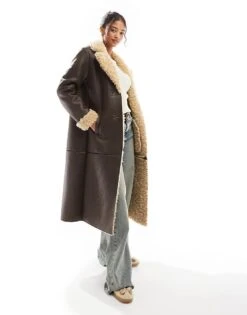 Bershka Shearling Oversized Maxi Jacket In Brown For Women -Chic Maze Sales 207590934 4