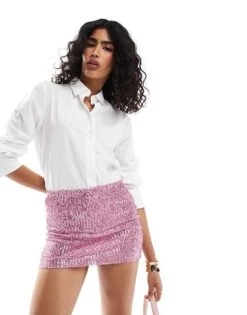 Bershka Sequin Mini Skirt In Pink For Women