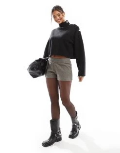 Bershka Gold Button Detail High Neck Jumper In Black For Women -Chic Maze Sales 207590946 4