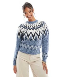 Bershka Chunky Fairisle Jumper In Navy For Women -Chic Maze Sales 207590967 1 navy 1