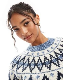 Bershka Chunky Fairisle Jumper In Navy For Women -Chic Maze Sales 207590967 3