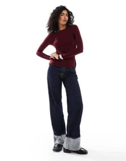 Bershka Ruched Side Long Sleeve T-shirt In Burgundy For Women