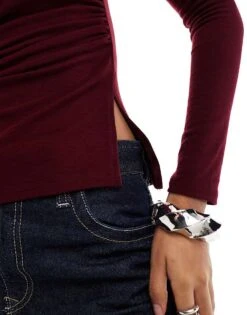 Bershka Ruched Side Long Sleeve T-shirt In Burgundy For Women -Chic Maze Sales 207603392 3