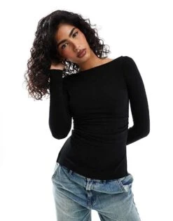 Bershka Ruched Side Long Sleeve T-shirt In Black For Women -Chic Maze Sales 207603399 1 black 1