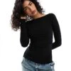 Bershka Ruched Side Long Sleeve T-shirt In Black For Women -Chic Maze Sales 207603399 1 black