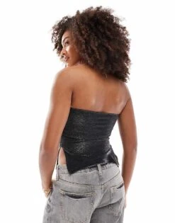 Bershka Ruched Side Glitter Bandeau Top In Black For Women -Chic Maze Sales 207603484 3