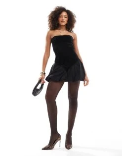 Bershka Velvet Puffball Mini Dress In Black For Women -Chic Maze Sales 207603496 1 black 1