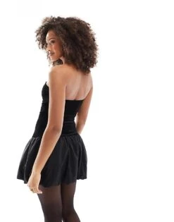 Bershka Velvet Puffball Mini Dress In Black For Women -Chic Maze Sales 207603496 4