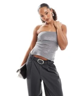 Bershka Ruched Side Glitter Bandeau In Silver For Women -Chic Maze Sales 207603514 1 silver 1