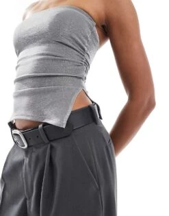 Bershka Ruched Side Glitter Bandeau In Silver For Women -Chic Maze Sales 207603514 4