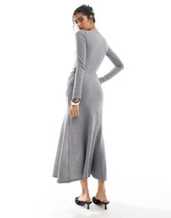 Bershka Rouched Side Maxi Dress In Grey Marl For Women -Chic Maze Sales 207603517 2