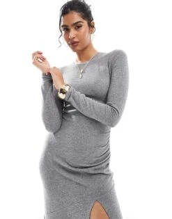 Bershka Rouched Side Maxi Dress In Grey Marl For Women -Chic Maze Sales 207603517 4