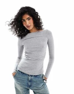 Bershka Ruched Side Long Sleeve T-shirt In Grey Marl For Women -Chic Maze Sales 207603529 1 grey 1
