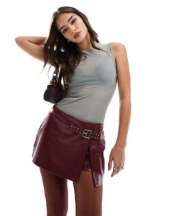 Bershka Belted Faux Leather Mini Skirt In Burgundy For Women -Chic Maze Sales 207603536 3