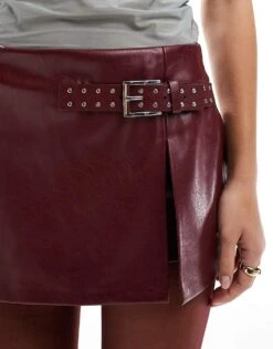 Bershka Belted Faux Leather Mini Skirt In Burgundy For Women -Chic Maze Sales 207603536 5