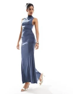 Bershka Ruched Polyamide Maxi Dress In Steel Blue For Women -Chic Maze Sales 207603558 1 blue 1