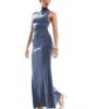 Bershka Ruched Polyamide Maxi Dress In Steel Blue For Women -Chic Maze Sales 207603558 1 blue