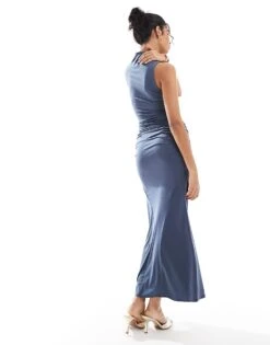 Bershka Ruched Polyamide Maxi Dress In Steel Blue For Women -Chic Maze Sales 207603558 2