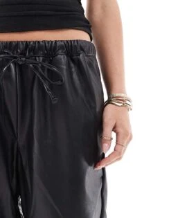 Bershka Petite Faux Leather Tie Waist Wide Leg Trousers In Black For Women -Chic Maze Sales 207608701 3
