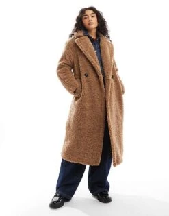 Bershka Maxi Shearling Coat In Brown For Women -Chic Maze Sales 207608716 3