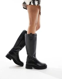 Bershka Calf Length Faux Leather Boots In Black For Women