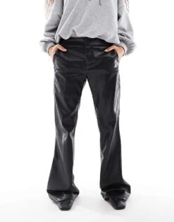 Bershka Petite Faux Leather Flared Trousers In Black For Women -Chic Maze Sales 207625811 3
