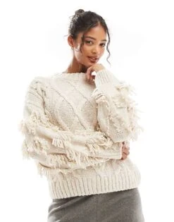 Bershka Chunky Textured Cable Knit Jumper In Ecru For Women -Chic Maze Sales 207627610 1 ecru 1