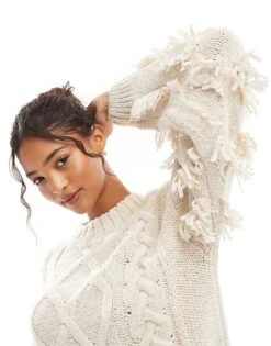 Bershka Chunky Textured Cable Knit Jumper In Ecru For Women -Chic Maze Sales 207627610 3