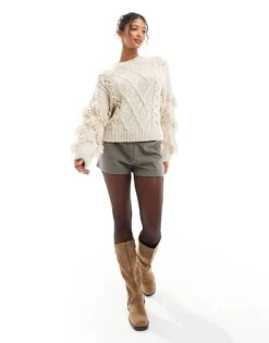 Bershka Chunky Textured Cable Knit Jumper In Ecru For Women -Chic Maze Sales 207627610 4