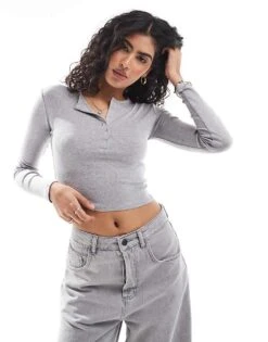 Bershka Henley Top In Grey Melange For Women -Chic Maze Sales 207646772 1 grey 1