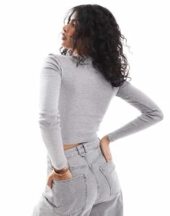 Bershka Henley Top In Grey Melange For Women -Chic Maze Sales 207646772 3