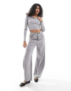 Bershka Henley Top In Grey Melange For Women -Chic Maze Sales 207646772 4