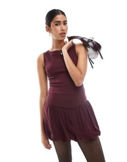 Bershka Puffball Hem Mini Dress In Burgundy For Women -Chic Maze Sales 207683351 3